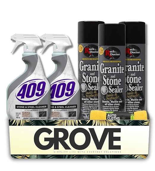 2x Formula 409 Multi-Surface Cleaner 32 oz Spray + 3x Granite Sealer Bundle with Microfiber Towel – Cleans Seals &amp Protects Stone and Steel Surfaces – Gift Set (6 Items)