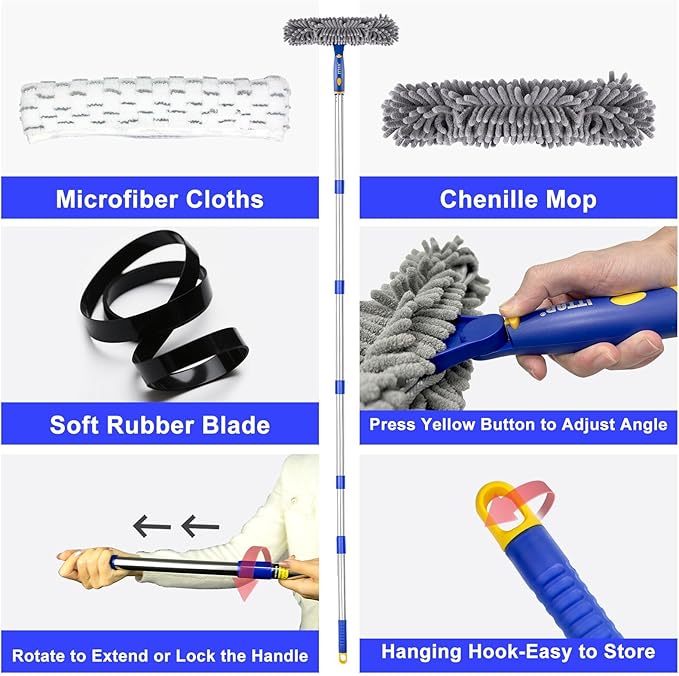 ITTAR Professional Window Cleaning Squeegee Kit 7.15 Ft High Reach Cleaner Tool Rotatable Window Washing Equipment with Extension Pole for Indoor/Outdoor Window Glass Car 1 Blade 2 Scrubber