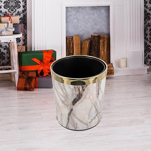 Cabilock Marble Pattern Wastebasket with Gold Ring Round Bathroom Trash Can Plastic Garbage Container for Home Living Room Office Use Sturdy Bathroom Waste Bin Plastic Waste Paper