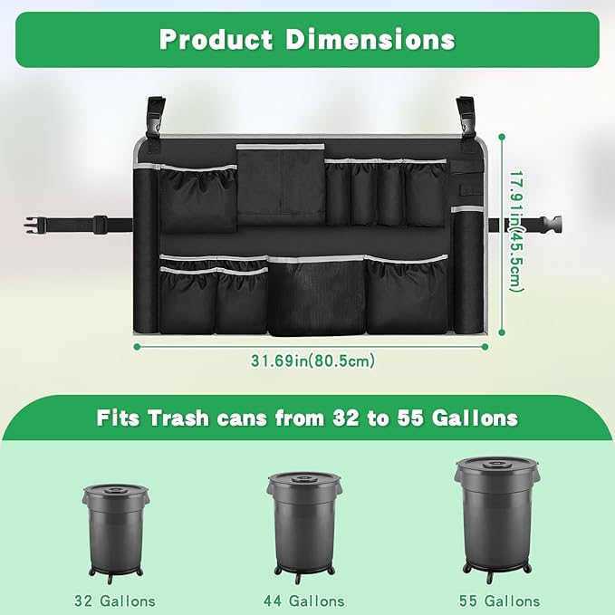 Trash Can Caddy Organizer with 10 Pockets - Cleaning Supply Holder for 32-55 Gallon Round Garbage Bins | Adjustable Strap Storage Bag for Sponges Gloves Spray Bottles Cleaning Tools
