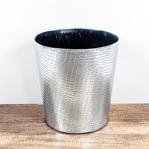 Leather Trash Can Decorative Waste Basket 10L Capacity Small Waste Paper Basket Waterproof Garbage Can for Bathroom Bedroom Office Kitchen and Living Room - Silver