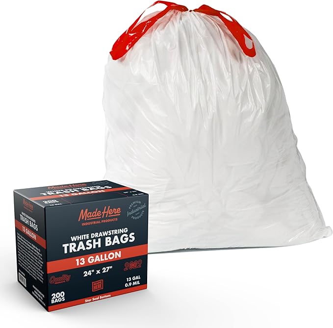 Made Here 13 Gallon Heavy Duty Commercial Trash Bags with Drawstring – White Waste Can Liners for Office Janitorial and Facility Use Leak-Resistant 200 Count