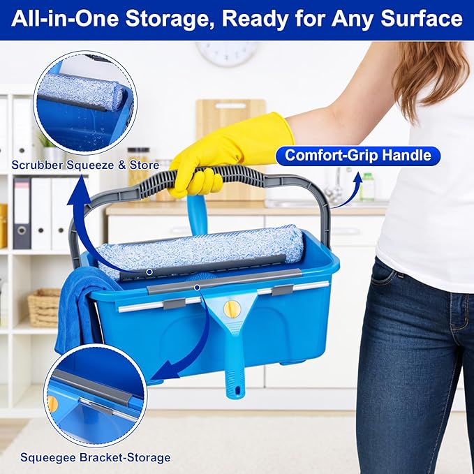 Professional Window Cleaning Kit Window Washing Kit with 3 Gallon Bucket 14-Inch Squeegee &amp 15-Inch Scrubber 61-Inch Extendable Pole Window Cleaning Equipment for Home &amp Commercial Use