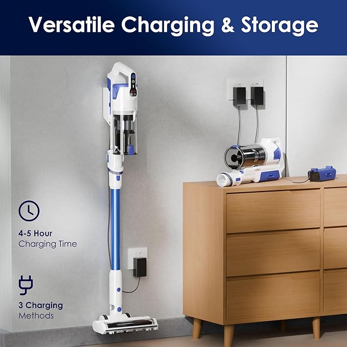 Cordless Vacuum Cleaner with Self-Standing 45KPA Stick Vacuum 88000RPM Brushless Motor &amp LED Display Anti-Tangle Lightweight Vacuum Cleaners for Home Pet Hair Hardwood Floors Azure