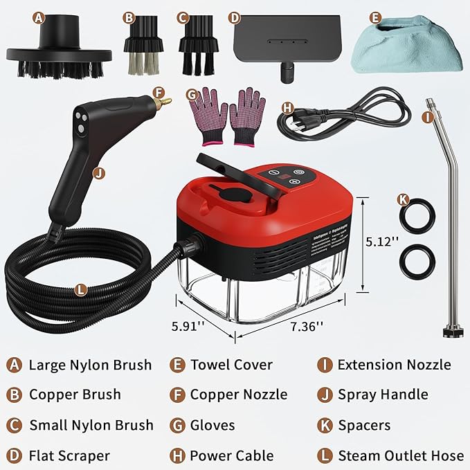 Portable Steam Cleaner 2500W Pressurized Handheld Steam Cleaner with 1.2L Water Tank 6 Levels Steam Output 15s Fast Heating Steamer for Cleaning Home Furniture Bathroom Car Detailing (Red)
