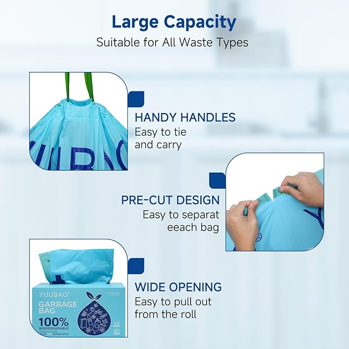 100% Home CompostableTall Kitchen Garbage Bag 13 Gallon Size Thickened 13 gallon Trash Bag Break Resistant Drawstring Closure Continuous Odor Control Blue Lavender Odor 90 bags