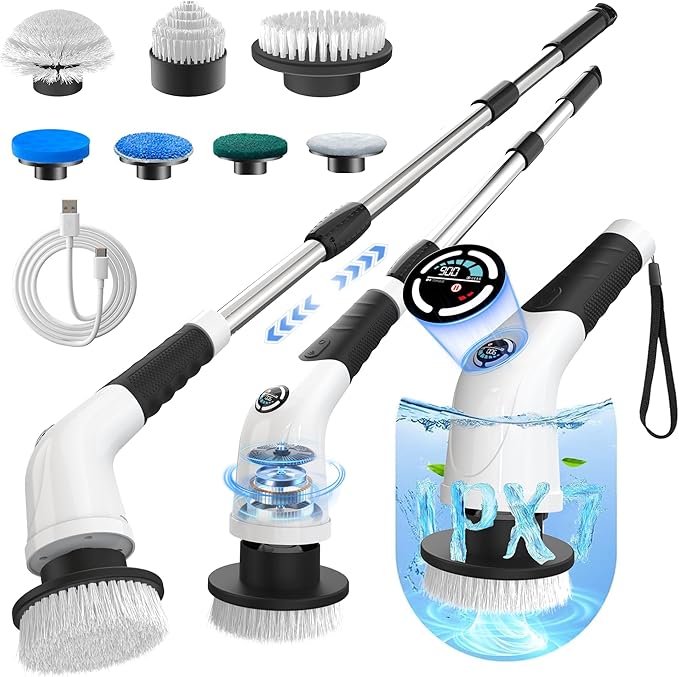 Electric Spin Scrubber Cordless Cleaning Brush with 180 Min Runtime 3-Speed 7 Replaceable Brush Heads &amp Long Detachable Handle LCD Display (RPM/Torque/Battery) for Bathroom Kitchen Tile