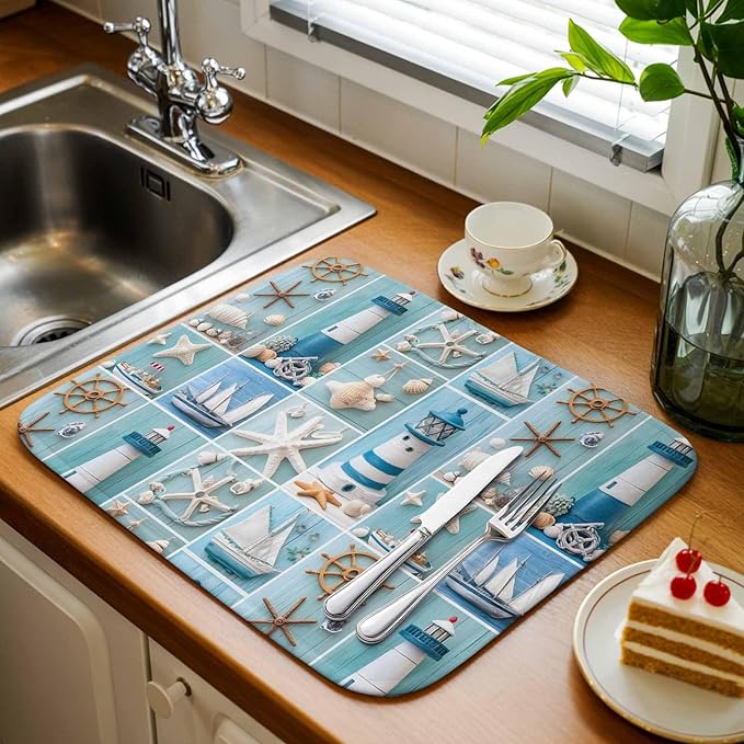 Blue Check Nautical Dish Drying Mat 16 x 18 Inch Lighthouse Coastal Absorbent Microfiber Coffee Mats for Kitchen Starfish Anchor Wooden Quick Drying Dish Drainer Pad 2 Pack