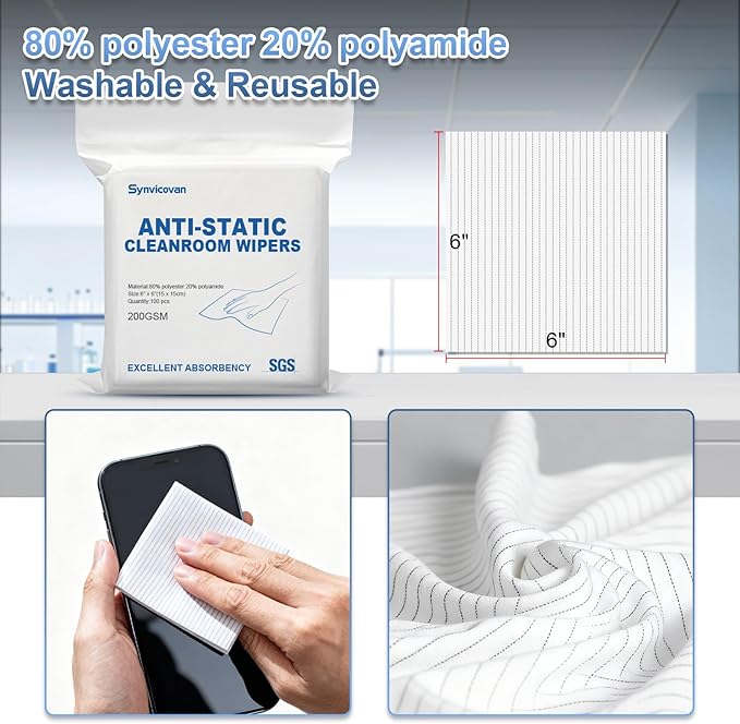 Anti-Static Microfiber Wipes 6x6(100 PcsClass 100 200GSM) Lint Free Cloths Reusable Special ESD Protection Design is Suitable for Protecting Sensitive Electronic Components and Tools