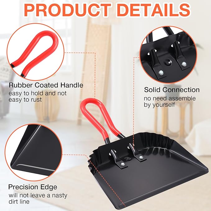 Uiifan 4 Pcs Industrial Metal Dustpans 12 Heavy Duty Dust Pan with Handle Commercial Dustpan Wide Scooper Dust and Debris Sweeping Tool Precision Edge Rubber Grip Loop Handle (Black)