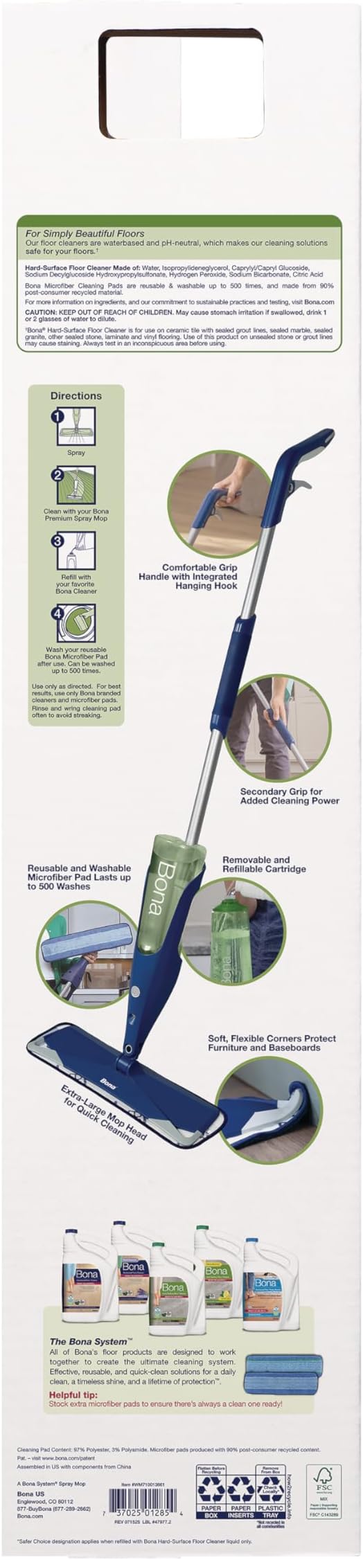 Bona Premium Motion Multi-Surface Floor Spray Mop - Includes Multi-Surface Floor Cleaning Solution and Machine Washable Microfiber Cleaning Pad - for Stone Tile Laminate and Vinyl Floors