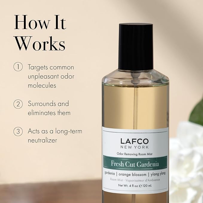 LAFCO New York Odor Removing Room Mist Fresh Cut Gardenia - 4 oz - Eliminates Unpleasant Scents &amp Provides Luxurious Fragrance - Up to 750 Pump Sprays Per Bottle - Made in the USA