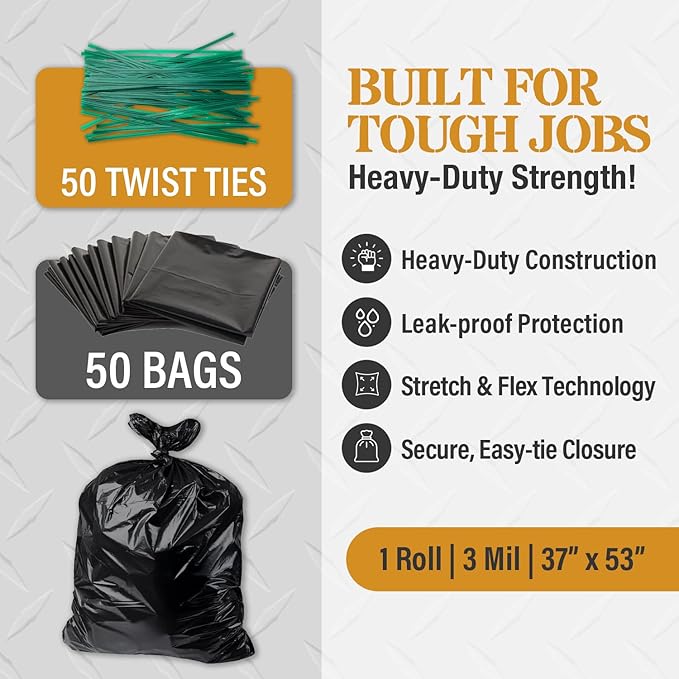 Extra Heavy Duty Black Contractor Garbage Bags 55 Gallon 50 Trash Bags Construction Grade 3 mil Made in USA