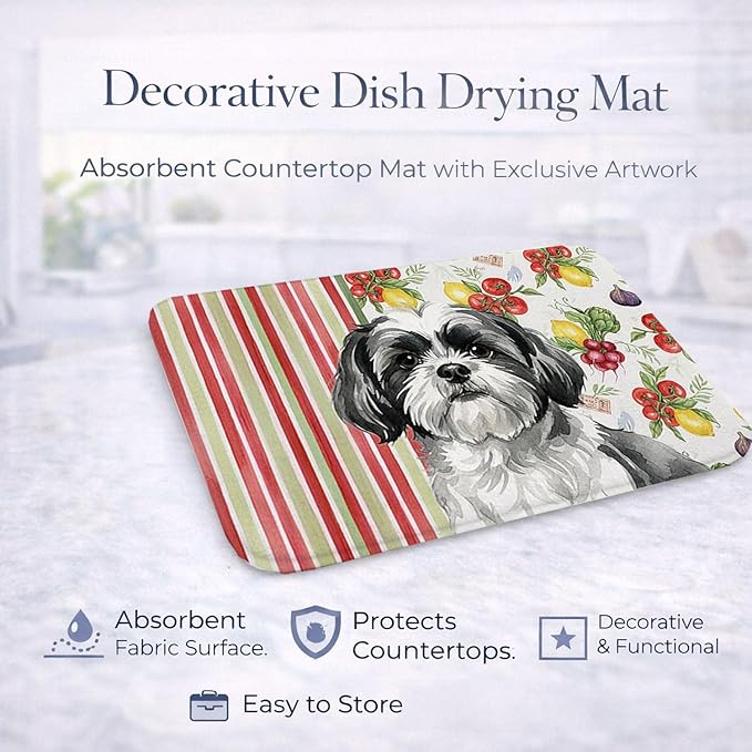 Caroline's Treasures Black and White Shih Tzu Vegetables Dish Drying Mat Absorbent Dish Drying Mat Pad for Kitchen Counter Dish Drainer Mat for Countertop 14 x 21 Multicolor