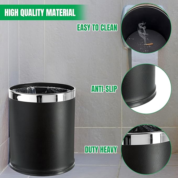 'Invisi-Overlap' Open top Leatherette Trash Can Small Office Wastebasket Modern Home Décor Round Shape (Black)