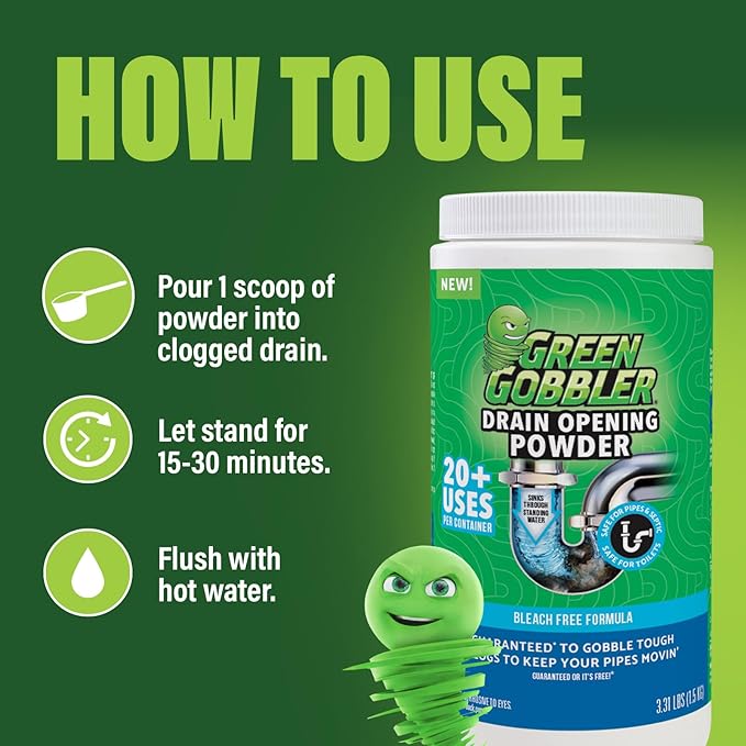 Green Gobbler Drain Clog Remover &amp Drain Cleaner Powder 20+ Treatments Maintenance Breaks Down Grease Paper Fat &amp Oil Septic Safe