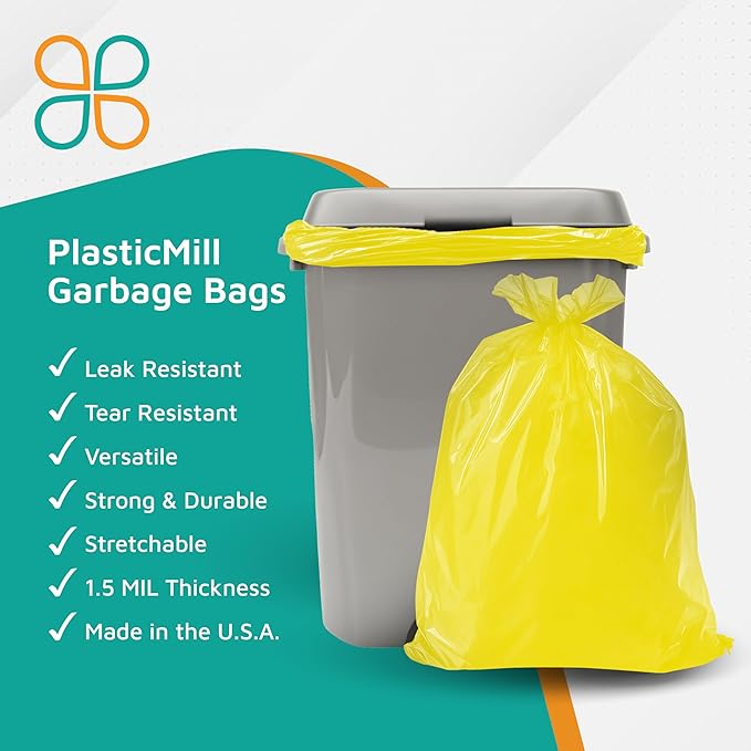 PlasticMill Heavy Duty Trash Bags - Yellow Garbage Bags - Plastic Trash Bags - Tall Trash Bags Trash Can Liners - 40-45 Gallon Large Kitchen Trash Bags 1.5 Mil 40x46 (100-Count)