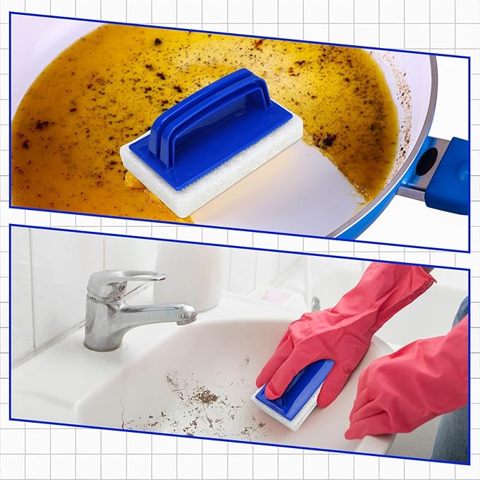 Maxdot 18 Pcs Handled Bath Scrubber Set 15 Bathroom Scouring Pad 3 Bathtub Scrubber with Handle Non Scratch Soap Scum Remover for Cleaning Sink Shower Tile Swimming Pool Step Corner(Blue and White)