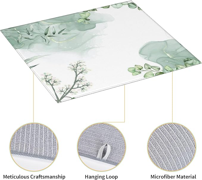 Watercolor Green Leaf Floral Dish Drying Mat for Kitchen Counter 16x18 Microfiber Absorbent Fast Dry Mat 2Pcs Dish Mat Faucet Mats Sets Large Drying Kitchen Mat Kitchen Drying Pad