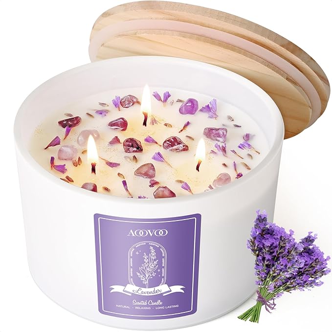 AOOVOO Lavender Scented Candles for Women - 20oz 3 Wick Soy Candles for Home Scented Aromatherapy Candle with Crystals Inside Birthday Gifts Valentines Day Candle for Women Mom