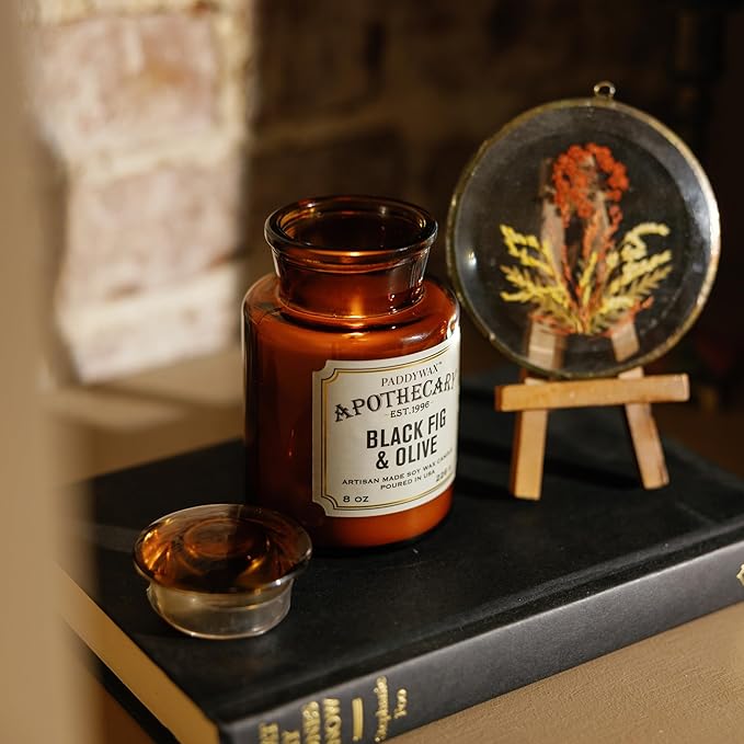 Paddywax Artisan Apothecary Scented Candle with Lid in Reusable Glass Jar Clean-Burn Soy Candle with Approx. 54 Hour Burn Time Black Fig &amp Olive 8 oz