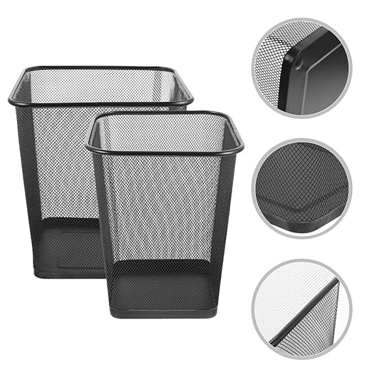 Housoutil 2Pcs Metal Mesh Wastebaskets Quadrilateral Frame Trash Cans in Black Small and Large Size Ventilated Garbage Containers for Home and Office Desk Use