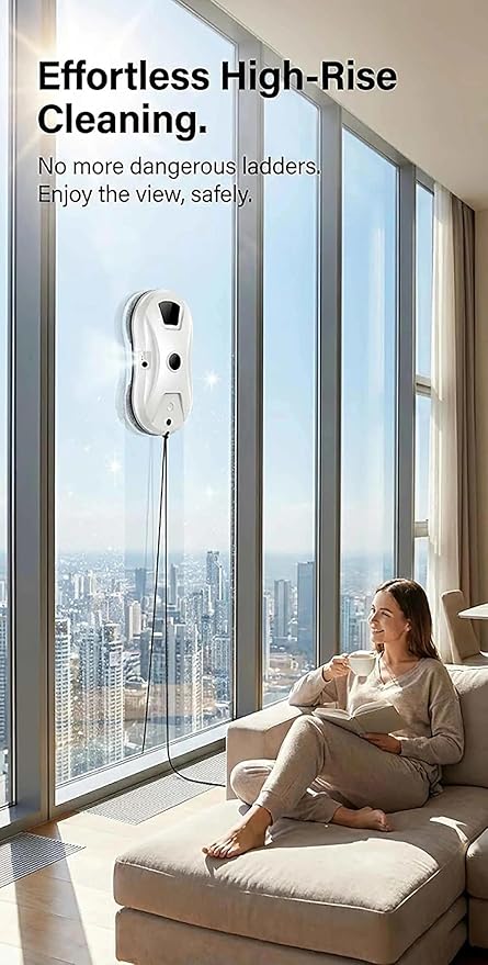 Robot Window Cleaner 5600Pa Intelligent Automatic Window Cleaning Robot for High-Rise &amp Hard-to-Reach Glass Ultrasonic Auto Water Spray for Streak-Free Shine Smart Edge Detection Remote Contro