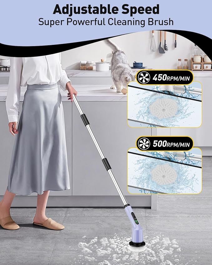Electric Spin Scrubber for Cleaning Bathroom Shower Scrubber Cordless Cleaning Brush with IPX7 Waterproof &amp 2 Speed 3 Brush Heads Bathroom Cleaning Supplies for Shower Tub Tile Toilet Purple