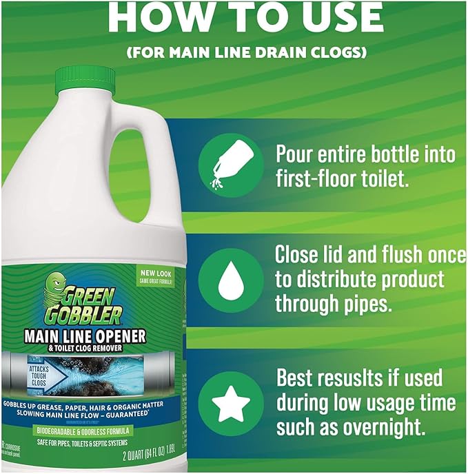 Green Gobbler Ultimate Main Drain Opener | Drain cleaner Hair Clog Remover | Works On Main Lines Sinks Tubs Toilets Showers Kitchen Sinks | 64 fl. oz.