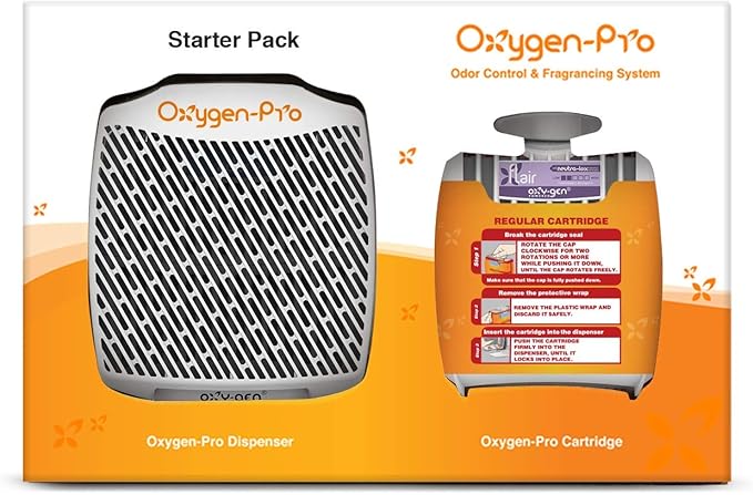 Oxygen-Pro - Starter Kit - Commercial Air Freshener and Deodorizer Wall Mounted Battery Operated Automatic Dispenser Odor Eliminator and Fragrancing System (Light Scent) 120 Day Supply