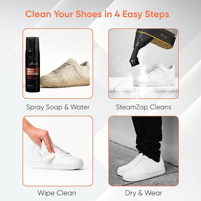 Handheld Shoe Steam Cleaner – All-in-One Shoe Care with Pro Steam Power | 5 Attachments to Clean Deodorize &amp Remove Creases from Sneakers Dress Shoes &amp Boots