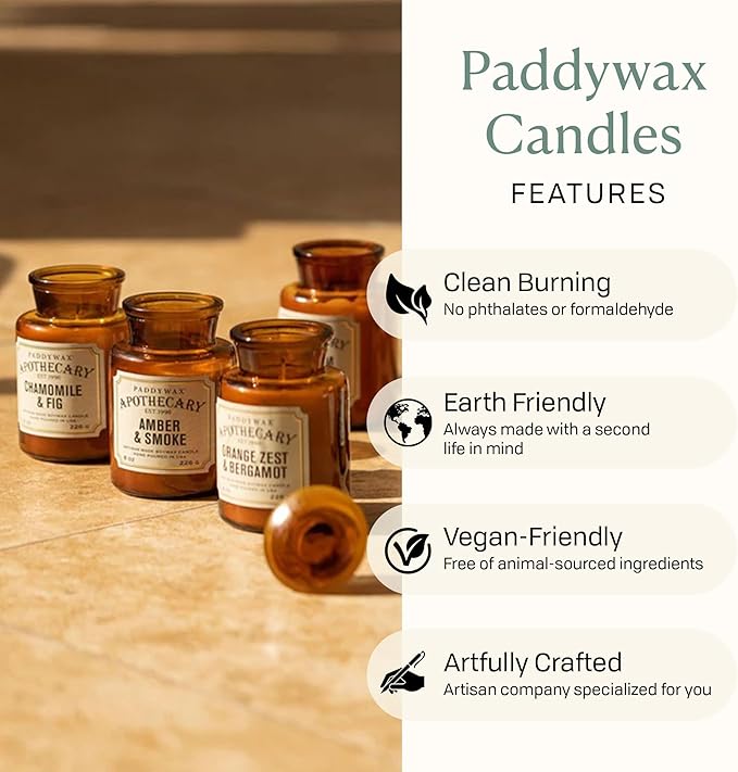 Paddywax Artisan Apothecary Scented Candle with Lid in Reusable Glass Jar Clean-Burn Soy Candle with Approx. 54 Hour Burn Time Amber &amp Smoke 8 oz.