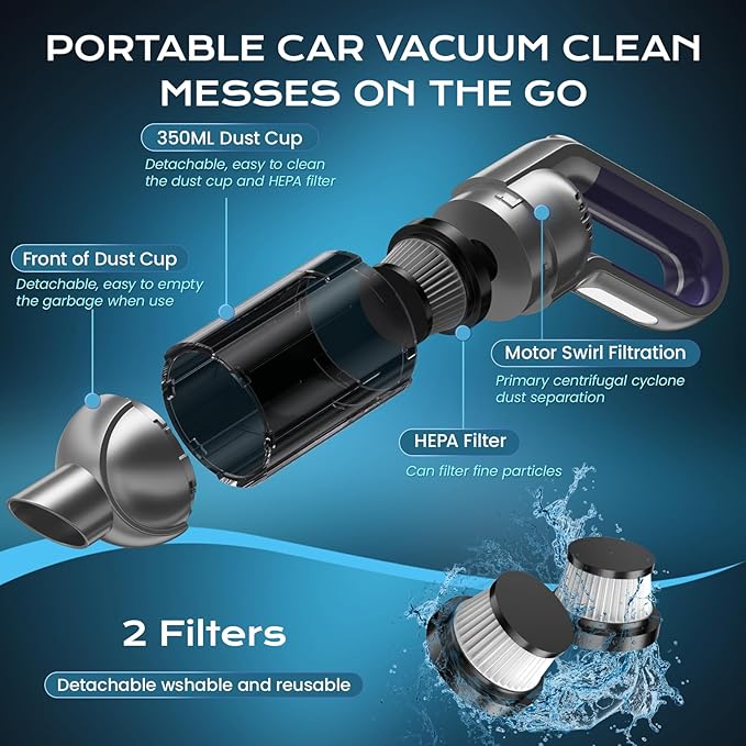 Cordless Handheld Vacuum Portable Car Vacuum with LED LightRechargeable Small Vacuum Cleaner with Powerful SuctionLightweight Vacuum Cleaner for Car Home Office Pet HairGrey
