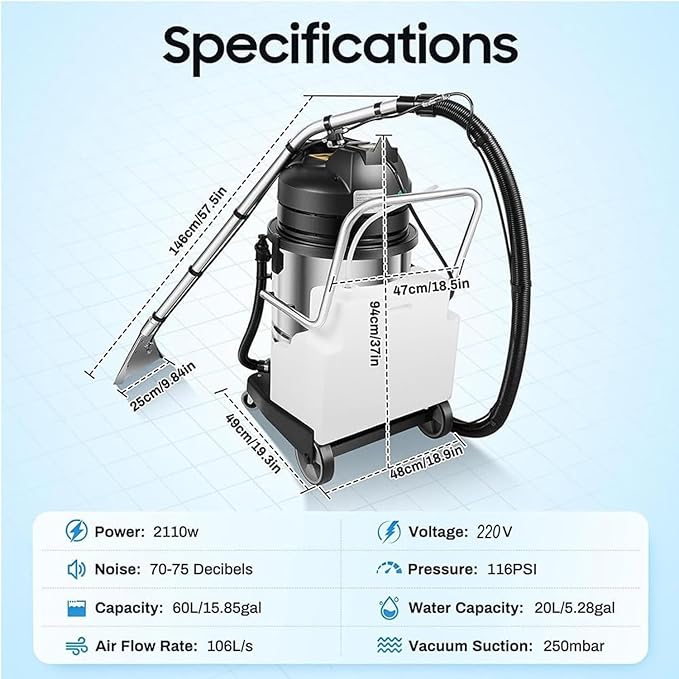 Carpet Cleaner Machine Deep Cleaner Commercial Carpet Cleaning Machine with Water Vacuuming Head&ampRound Brush Portable Wet Dry Curtain Fabric Dust Cleaner for Hotels Guest Houses 60L