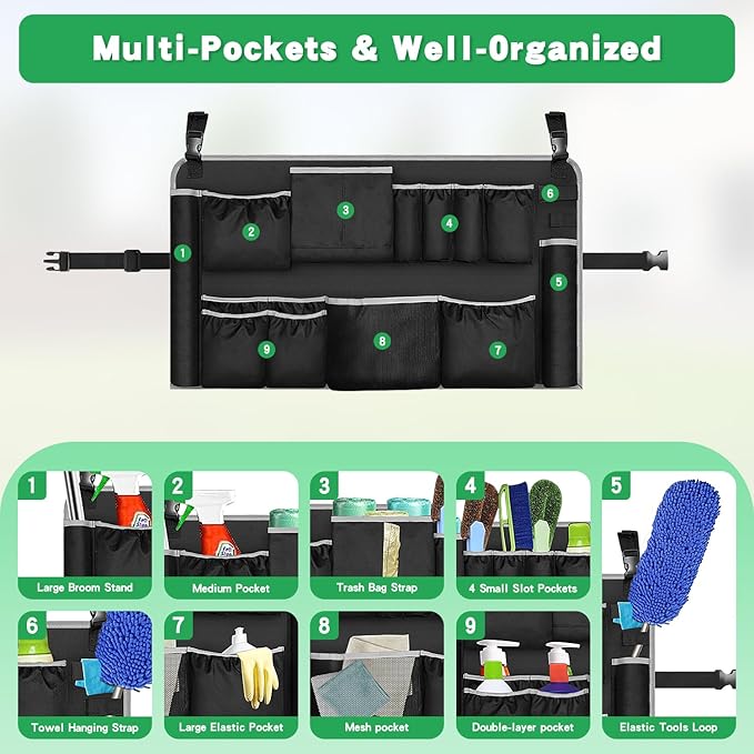 Trash Can Caddy Organizer with 10 Pockets - Cleaning Supply Holder for 32-55 Gallon Round Garbage Bins | Adjustable Strap Storage Bag for Sponges Gloves Spray Bottles Cleaning Tools