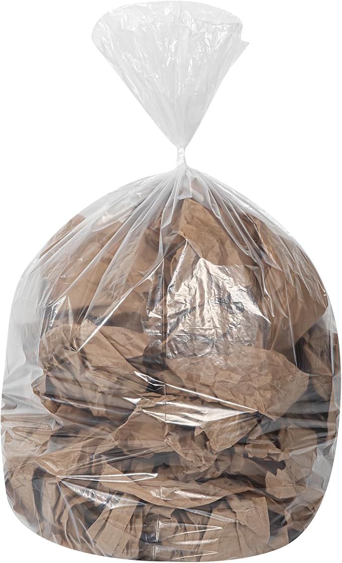 Restaurantware-RW Clean 55 Gallon Trash Bags 100 Light-Duty Garbage Can Liners- Fits 55-60 Gallon Trash Cans Stretchable Clear Plastic Bin liners with Star Seal Bottom