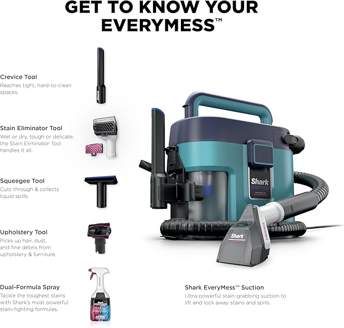 Shark EveryMess™ | Ultra-Powerful 3-in-1 Wet Vac Dry Vac &amp Stain Eliminator | StainForce Technology Perfect for Homes Pets and Cars | 3 Accessories and Cleaning Solution | Blue | VX102BRN