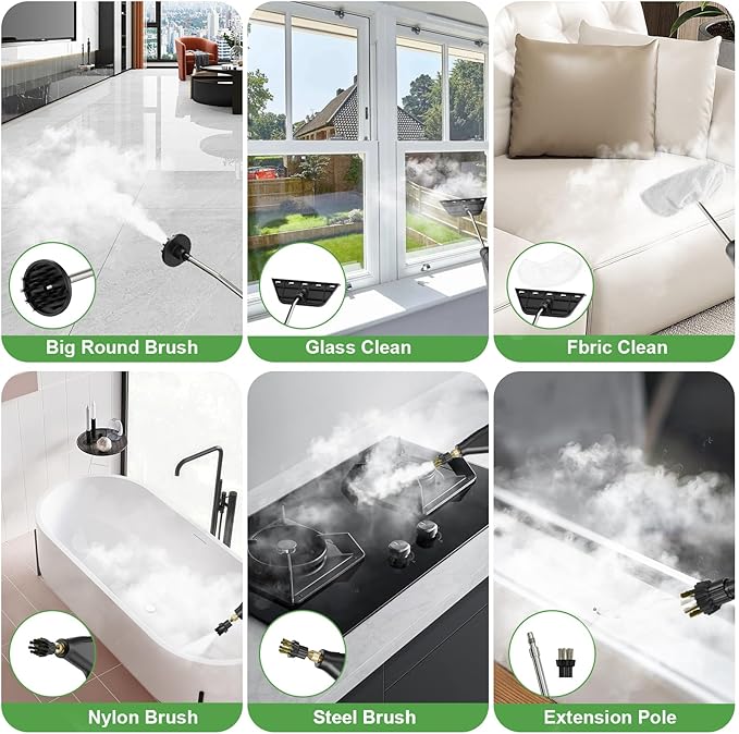 Steam Cleaner for Home 15s Heat-Up 1.2L Water Tank 6-Level Adjustable Handle Handheld Steam Cleaner for Car Detailing Dirt Furniture Couch Floor Tile Bathroom Bed Bugs 9Pcs Accessories