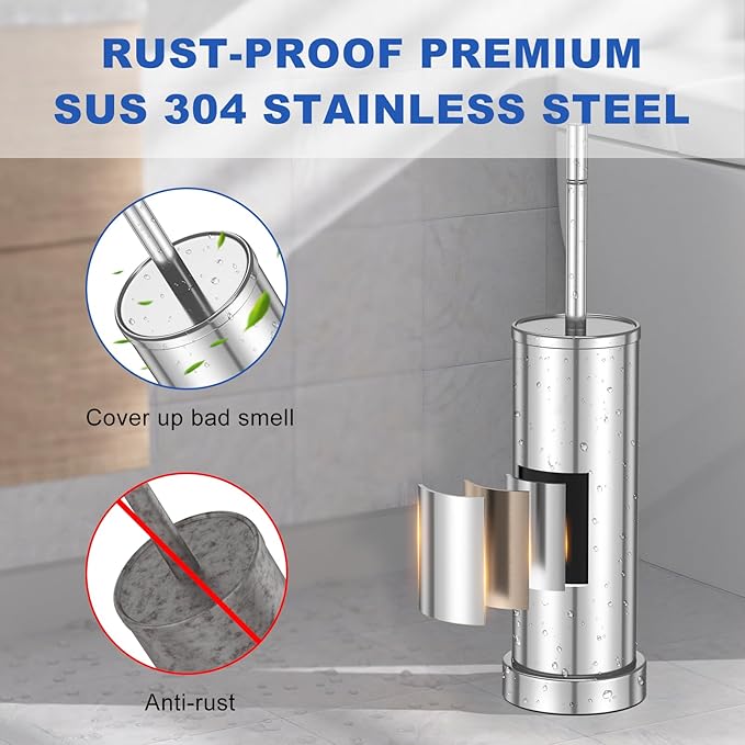 304 Stainless Steel Toilet Brush and Holder Set Heavy Duty Toilet Bowl Brush and Holder with Removable Inner Bowl Splash Protection Long Handle for Bathroom