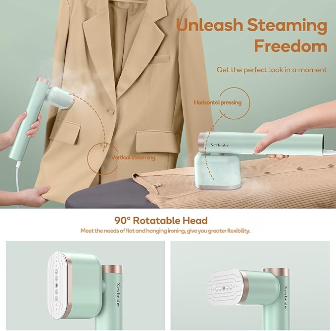 Newbealer Steamer for Clothes 1200W Portable Steam Iron 2 Steam Levels Horizontal and Vertical Steaming Dry Ironing 15s Heat Up Rotatable 302°F Garment Wrinkle Remover Green (120V Only)