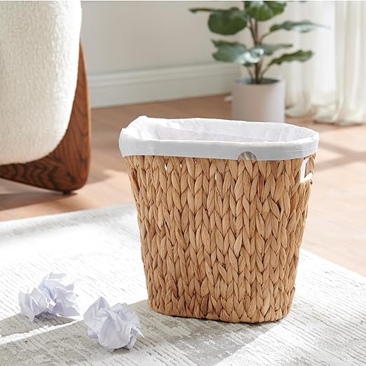 Bathroom Trash Can Handwoven Wicker Trash Can with Handles for Bedroom Living Roon Kitchen Bathroom and Office Water Hyacinth Wicker Waste Basket 1 Pack 13L x 7.5W x 12.2H 3.2 Gallon