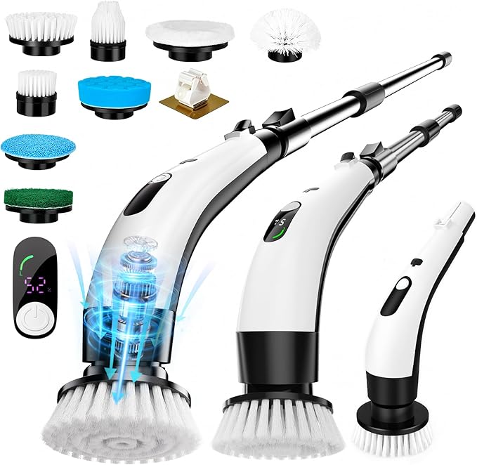 PUNOMO Electric Spin Scrubber 2026 Upgraded Cordless Cleaning Brush Bathroom Scrubber with 8 Replaceable Brush Heads Adjustable Long Handle Power Scrubber for Bathtub Shower Kitchen Floo