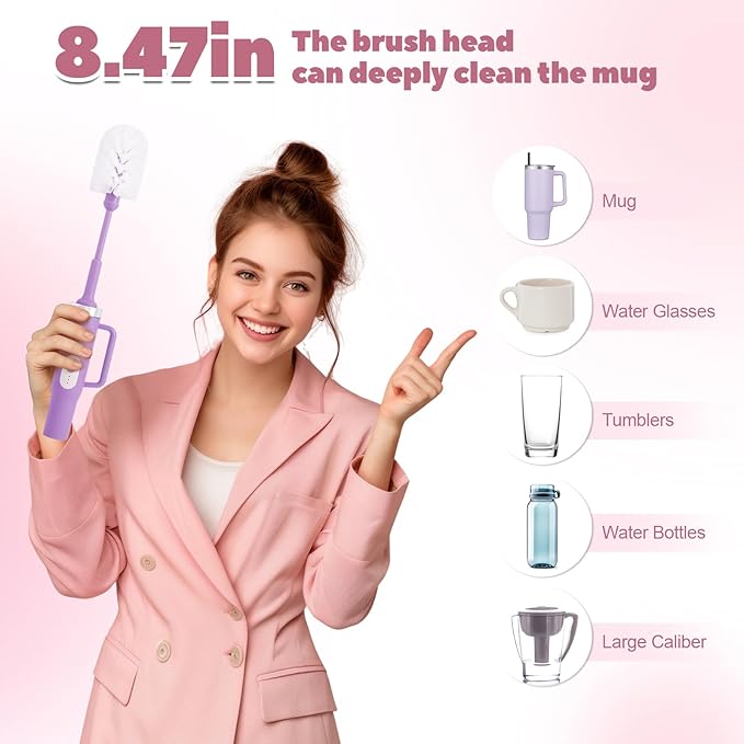 Electric Water Bottle Brush and Straw Cleaner Brush Long Handle Bottle Cleaner Brush 2 in 1 Bottle Cleaning Brush for Sports Bottles Baby Bottles Mugs StrawsStanley Cup