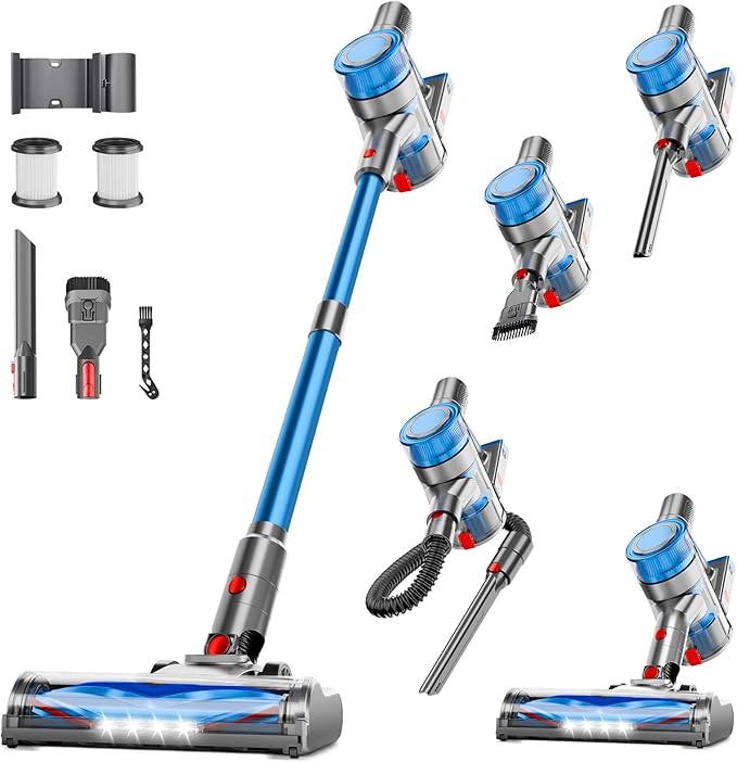 Cordless Vacuum Cleaner for Home Powerful Stick Vacuum Cleaner with Rechargeable Battery 6 in 1 Lightweight Handheld Vacuum 45 Mins Runtime Cordless Vacuum for Hardfloor Carpets Pet Hair (Blue)