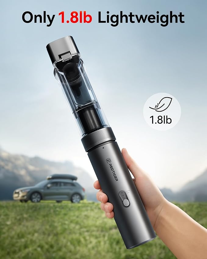 REDTIGER Car Vacuum Cordless 21000PA Portable Handheld Vacuum Up to 70 Mins Runtime 3.5H USB-C Fast Charge Lightweight 4 in1 Mini Hand Held Cleaner Power for Car Home Outdoor Camp Pet Food Black