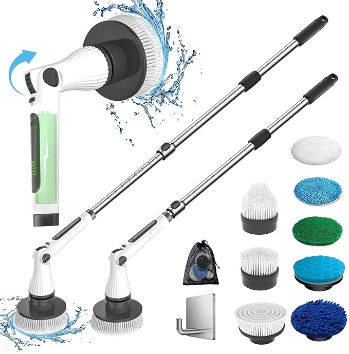 Electric Spin Scrubber 8 in 1 Electric Cleaning Brush Cordless Rechargeable Scrub Brush with 8 Replaceable Brush Heads Adjustable Length and Angle Power Scrubber for Bathroom Tile Bathtub Glass