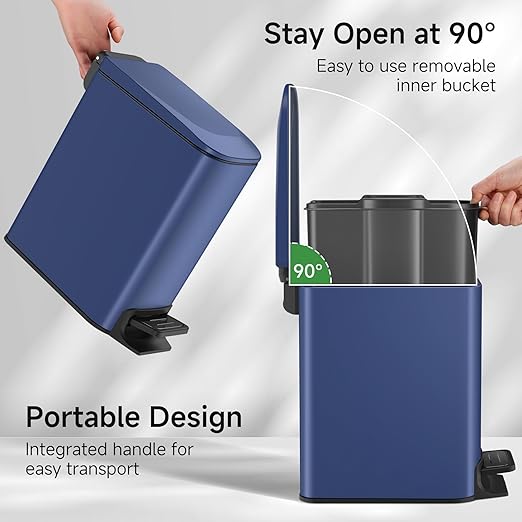 TIPGO Slim Bathroom Trash Can with Lid Soft Close Step Pedal 6 Liter / 1.6 Gallon Stainless Steel Trash Bin Small Garbage Can for Bedroom Office Kitchen (Navy Blue)