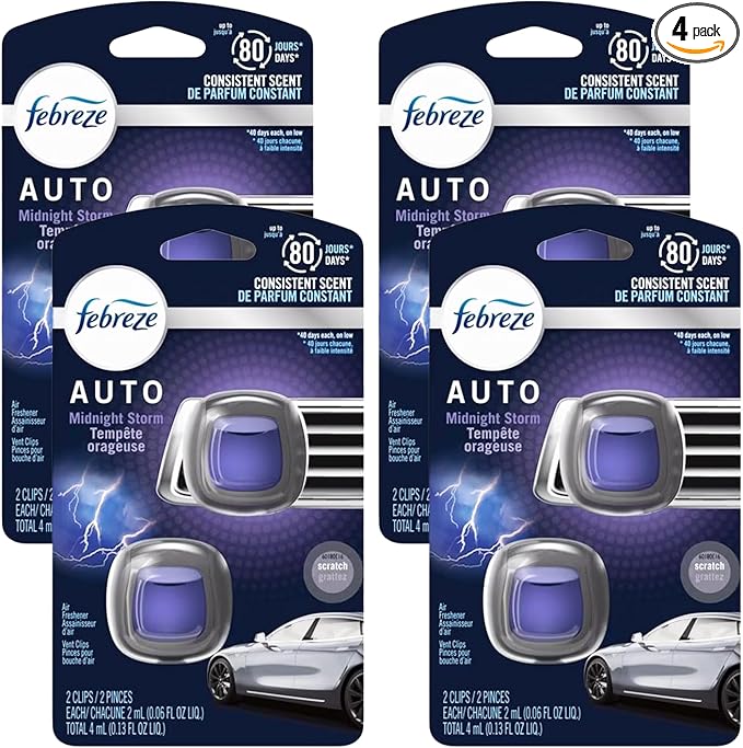 Febreze Car Air Freshener Vent Clips Midnight Storm Scent 2-Clips: Automotive Odor Eliminator for Car Vent Long-Lasting Car Freshener Clips 4 Pack