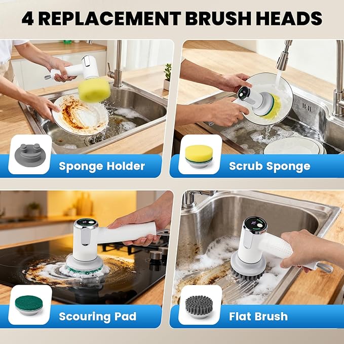 Electric Spin Scrubber for Scrub Daddy/Mommy Goldusk 2-Speed Power Cleaning Brush with Digital Display 4 Replacement Brush Heads Smiley Sponge Wand Handle Dish Wand for Sink/Griddle/Stove/Tub/Tile