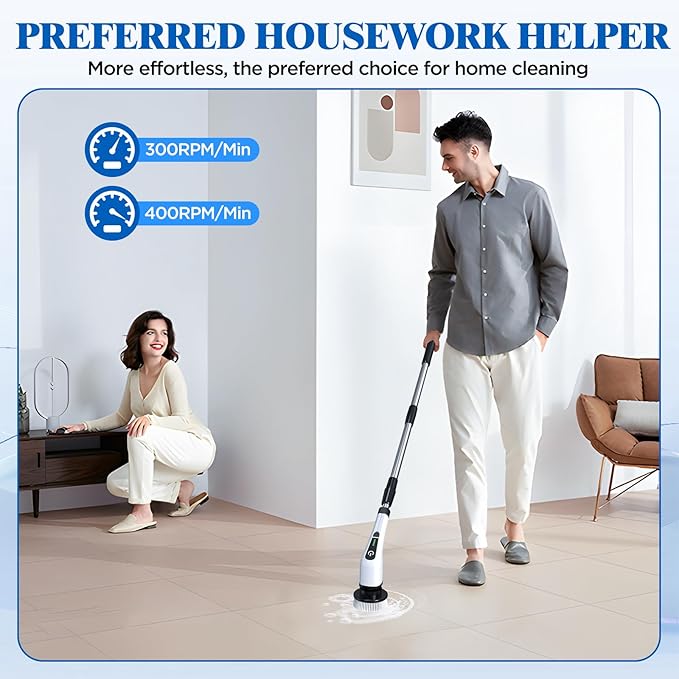Electric Spin Scrubber Cordless Bath Tub Power Scrubber with 8 Replaceable Drill Brush Heads Shower Cleaning Brush with Adjustable Handle for Bathroom Tile Floor &amp Car White (ANS-8050)